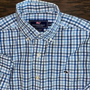 Mens Classic fit Blue White Gingham check whale Vineyard Vines Cotton LS shirt M